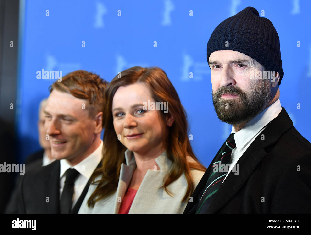 Berlin, Germany. 17th Feb, 2018. Actor Edwin Thomas, actress Emily Watson with Rupert Everett, director, actor, screenwriter, during the photocall of the film 'The Happy Prince' at the Berlinale 2018 Film Festival in Berlin, Germany, 17 February 2018. The film runs in the 'Berlinale Special Gala' section of the 68th International Berlin Film Festival. Credit: Jens Kalaene/dpa/Alamy Live News Stock Photo