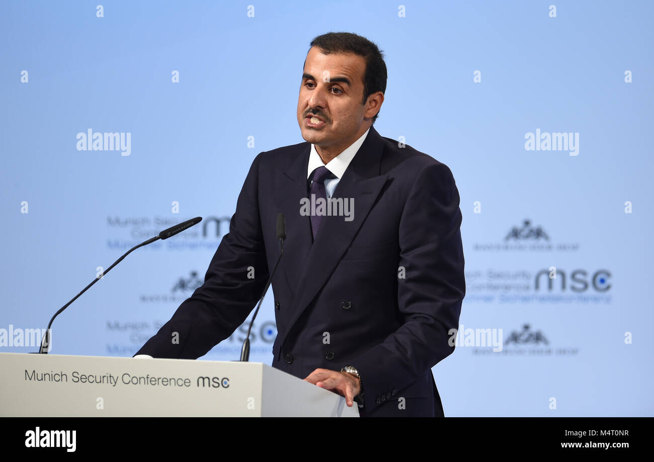Munich, Germany. 16th Feb, 2018. Sheikh Tamim bin Hamad Al Thani, Emir of  Qatar, delivers a speech at the 54th Munich Security Conference in Munich,  Germany, 16 February 2018. More than 500