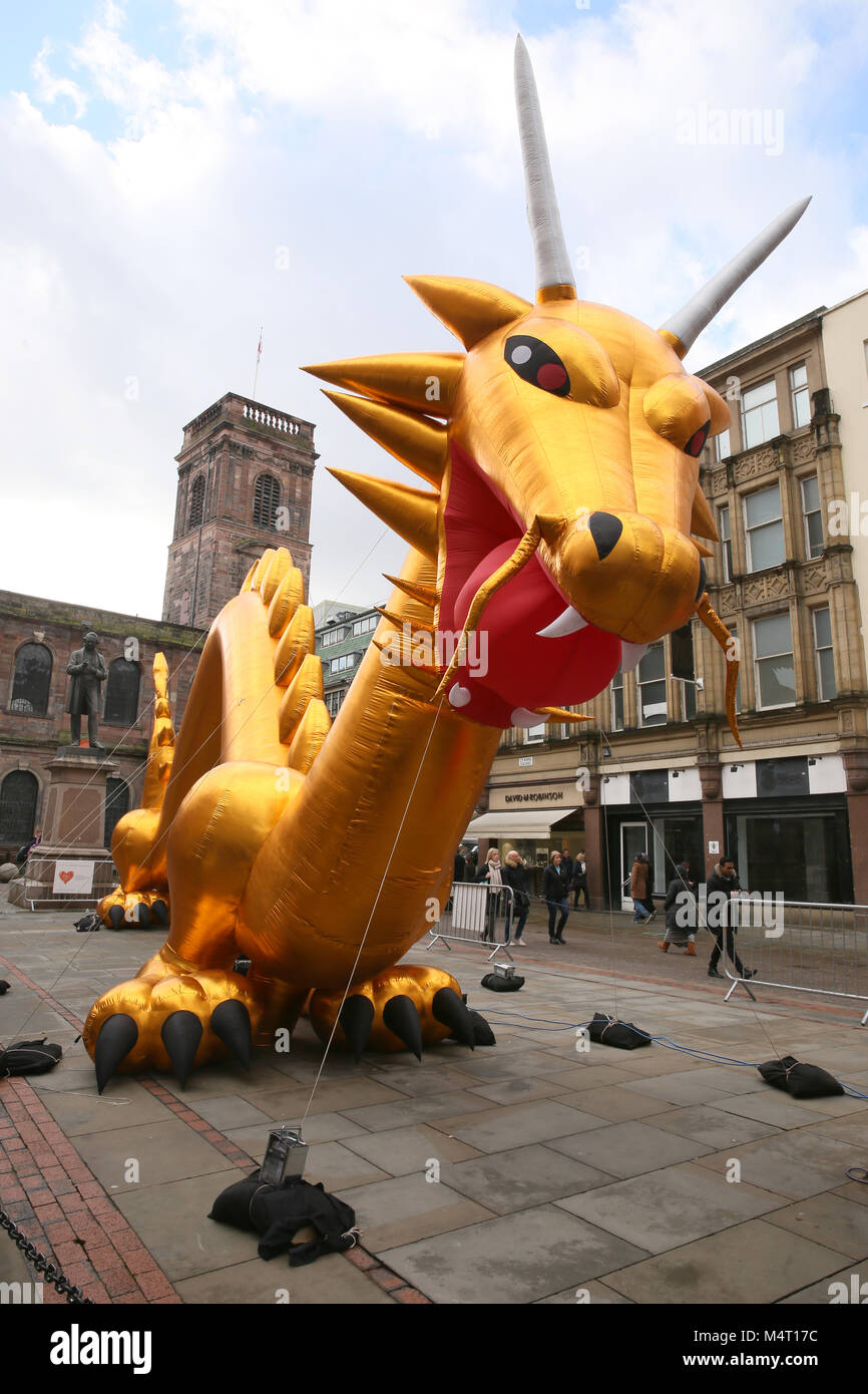 Manchester, UK. 17th Feb, 2018. A giant size Dragon on display in St Anns Square for Chinese New Year celebrations, Manchester, 17th February, 2018 (C)Barbara Cook/Alamy Live News Stock Photo