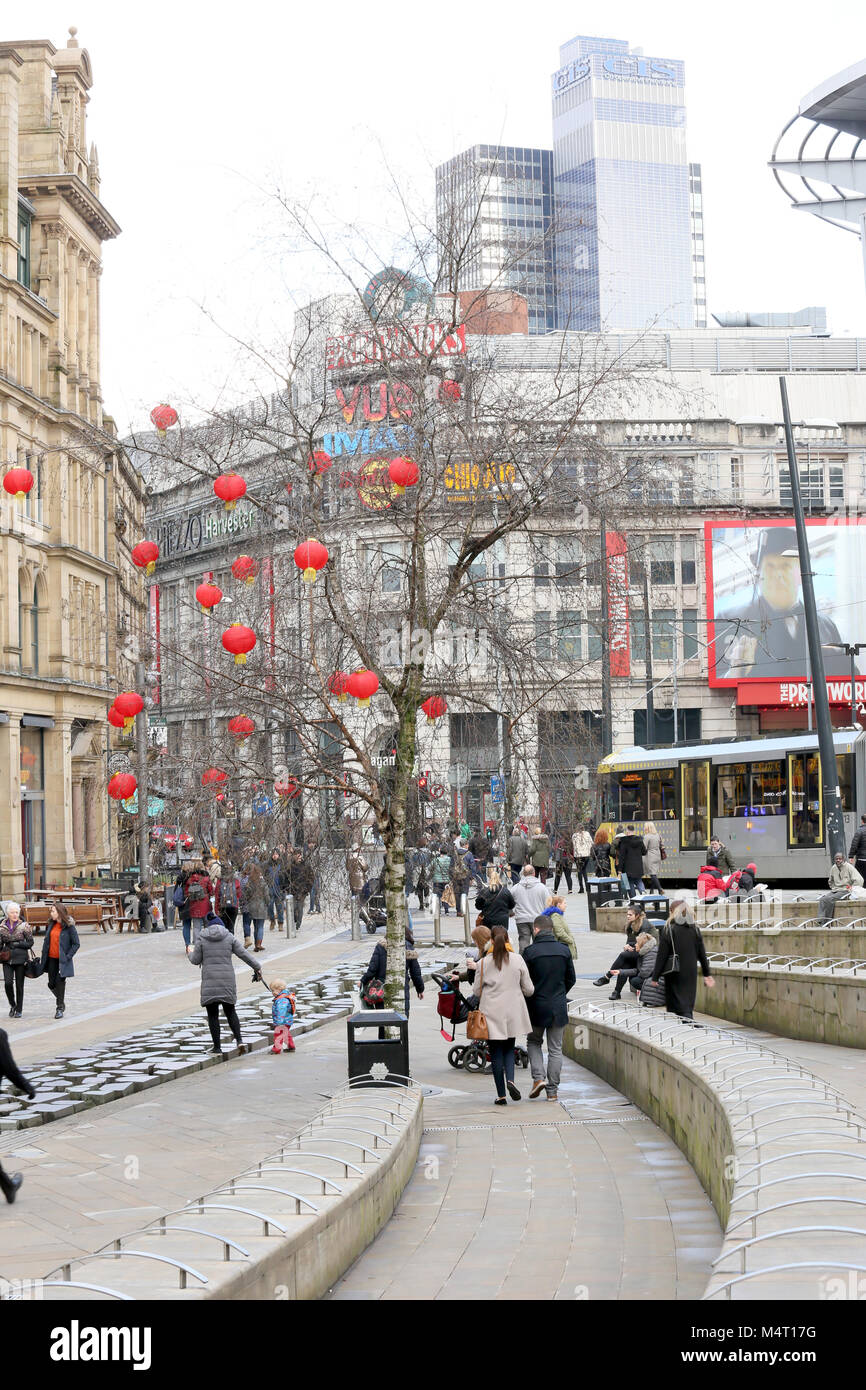 Manchester, UK. 17th Feb, 2018. A street in the city with lanterns decorating the trees for Chinese New Year, Manchester, 17th February, 2018 (C)Barbara Cook/Alamy Live News Stock Photo