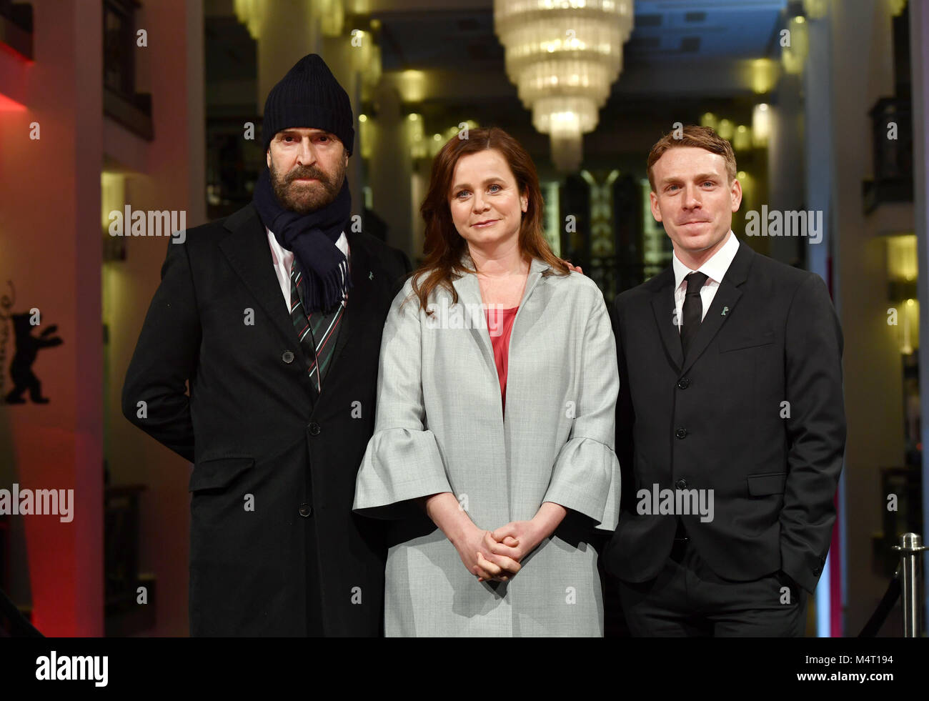 Rupert Everett (L), director, actor, screenwriter, with actress Emily Watson and actor Edwin Thomas during the arrival at the Friedrichstadt-Palast during the Berlinale 2018 Film Festival in Berlin, Germany, 17 February 2018. The film runs in the 'Berlinale Special Gala' section of the 68th International Berlin Film Festival. Photo: Jens Kalaene/dpa Stock Photo
