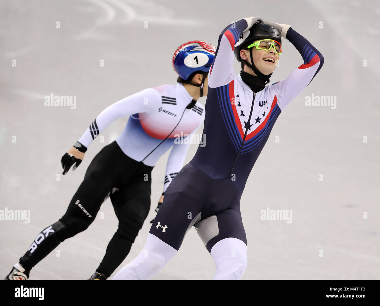Gangneung South Korea 17th Feb 2018 John Henry Krueger Of Usa Celebrates Winning Short Track Speed Skating Men S 1 000m Semifinal 2 At Gangneung Ice Arena During The 2018 Pyeongchang Winter Olympic Games Credit