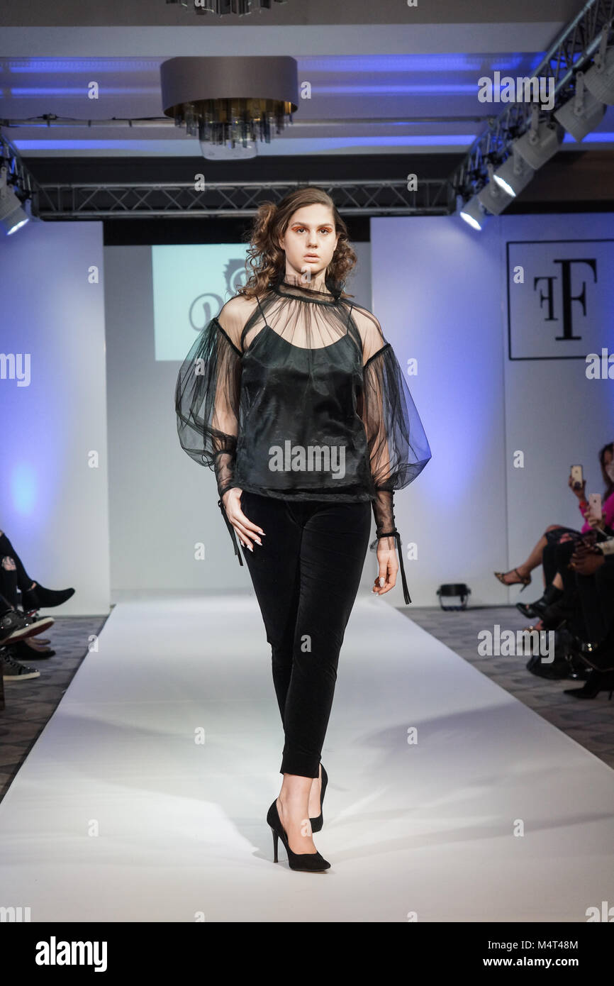 London, England. 17 February 2018.Fashions Finest, Day One both shows. An off schedule fashion event held at De Vere Grand Connaught Rooms under the aegis of Fashions Finest which showcases emerging talent from the United Kingdom and abroad as well as masterclasses from experts within the world of fashion. © Peter Hogan/Alamy Live News Stock Photo