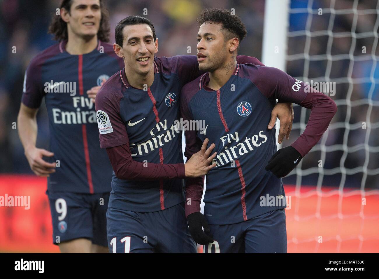 Paris, Angel Di Maria and Edinson Cavani (from R to L) from Paris Saint-Germain celebrate their goal during their match against Strasbourg of French Ligue 1 2017-2018 season 26th round in Paris. 17th Feb, 2018. Neymar, Angel Di Maria and Edinson Cavani (from R to L) from Paris Saint-Germain celebrate their goal during their match against Strasbourg of French Ligue 1 2017-2018 season 26th round in Paris, France on Feb. 17, 2018. Paris Saint-Germain won 5-2. Credit: Jack Chan/Xinhua/Alamy Live News Stock Photo