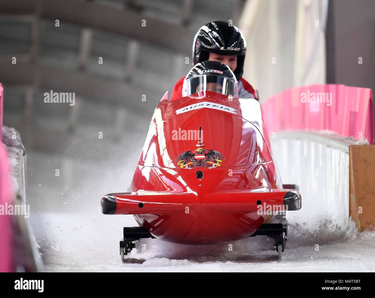 Christina Hengster (AUT) and Valerie Kleiser (AUT). Womens bobsleigh training. Alpensia sliding centre. Pyeongchang2018 winter Olympics. Alpensia. Republic of Korea. 17/02/2018. Credit: Sport In Pictures/Alamy Live News Stock Photo