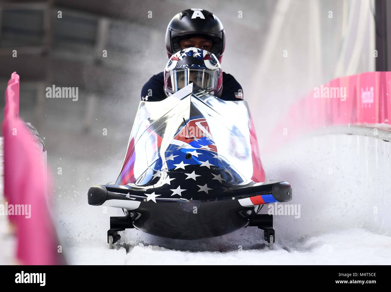 jamie Greubel Poser (USA) and Aja Evans (USA). Womens bobsleigh training. Alpensia sliding centre. Pyeongchang2018 winter Olympics. Alpensia. Republic of Korea. 17/02/2018. Credit: Sport In Pictures/Alamy Live News Stock Photo