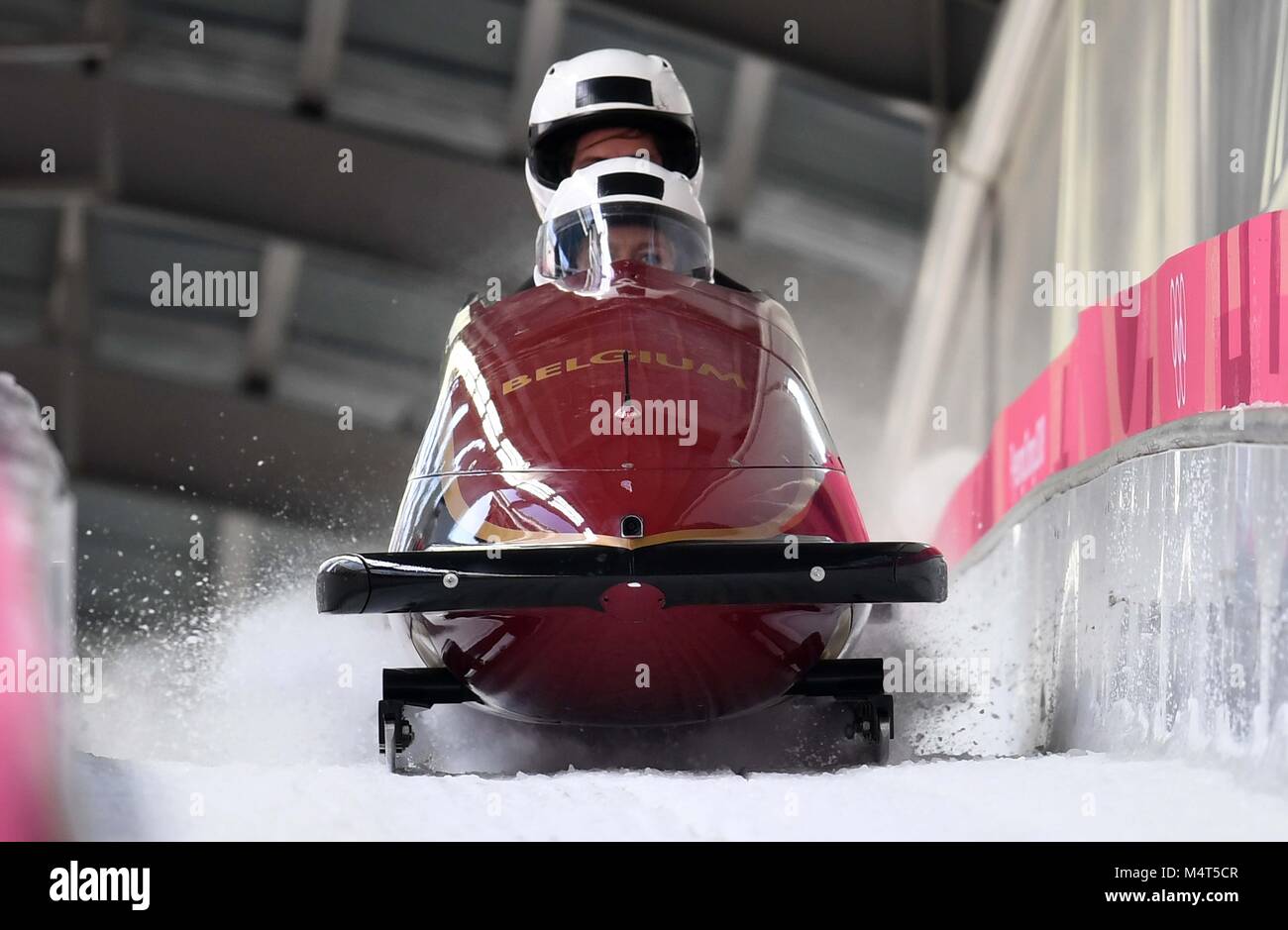Elfje Willemsen (BEL) and Sara Aerts (BEL). Womens bobsleigh training. Alpensia sliding centre. Pyeongchang2018 winter Olympics. Alpensia. Republic of Korea. 17/02/2018. Credit: Sport In Pictures/Alamy Live News Stock Photo
