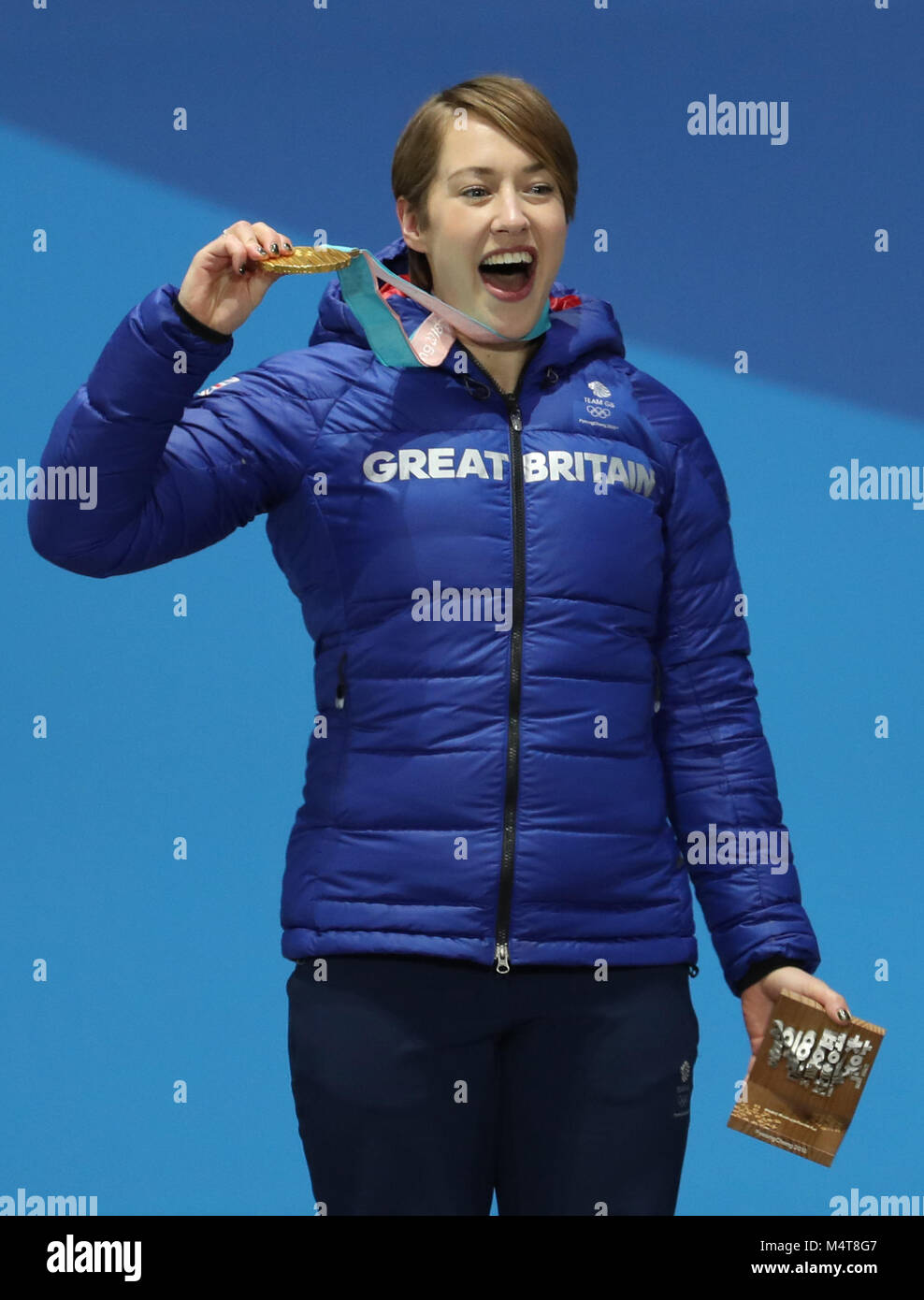 Pyeongchang, PyeongChang. 18th Feb, 2018. Champion Britain's Lizzy Yarnold poses for photos during medal ceremony of women event of skeleton at 2018 PyeongChang Winter Olympic Games at Medal Plaza, PyeongChang, Feb. 18, 2018. Credit: Li Gang/Xinhua/Alamy Live News Stock Photo