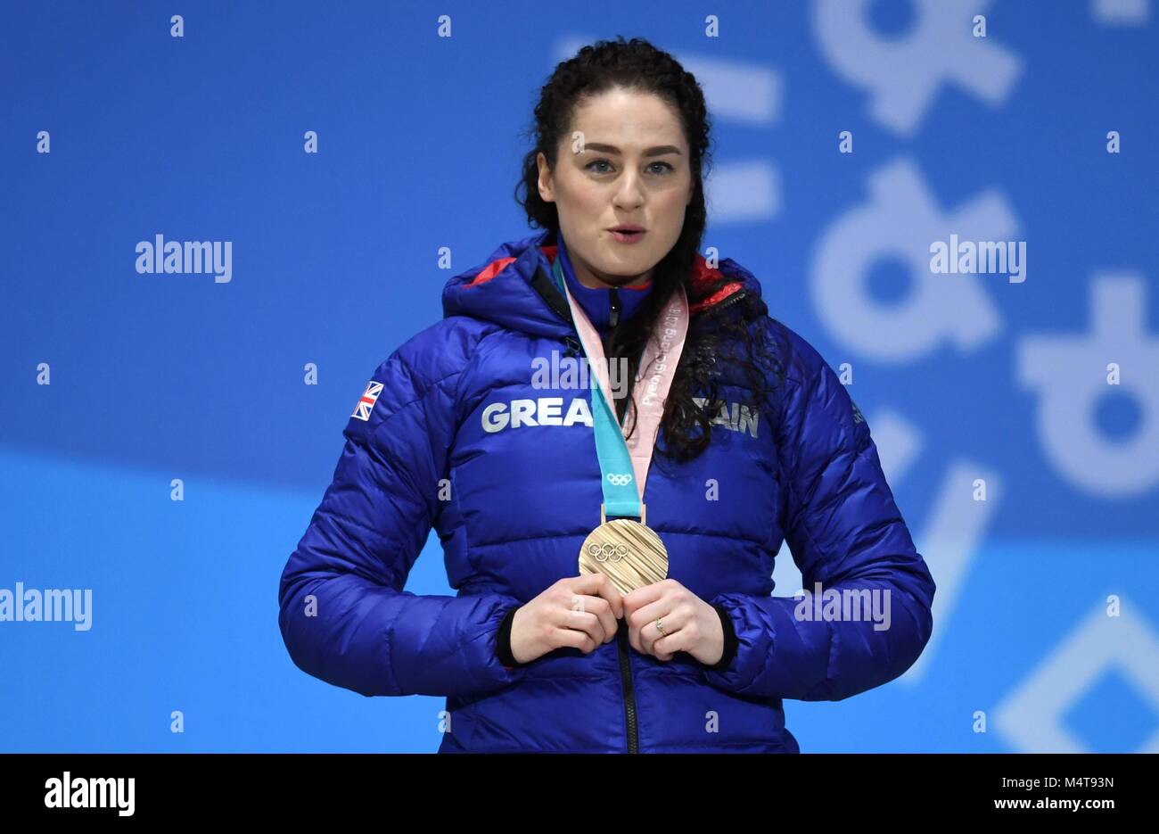 Womens skeleton. Laura Deas (GBR) with her bronze medal. Medal
