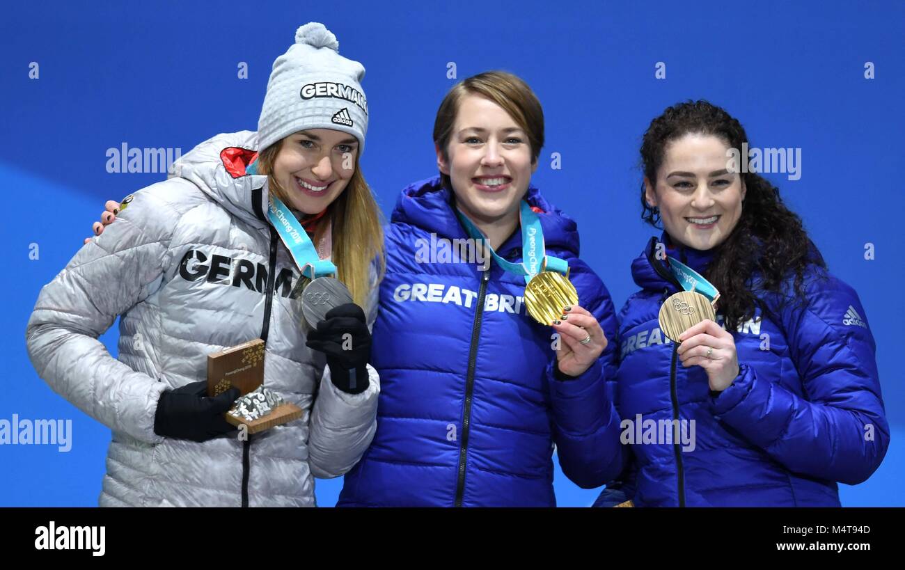 Womens skeleton. (l to r) Jacqueline Loelling (GER, silver), Lizzy Yarnold (GBR, gold) and Laura Deas (GBR, bronze). Medal ceremonies. Pyeongchang Olympic Plaza. Pyeongchang2018 winter Olympics. Alpensia. Republic of Korea. 18/02/2018. Credit: Sport In Pictures/Alamy Live News Stock Photo