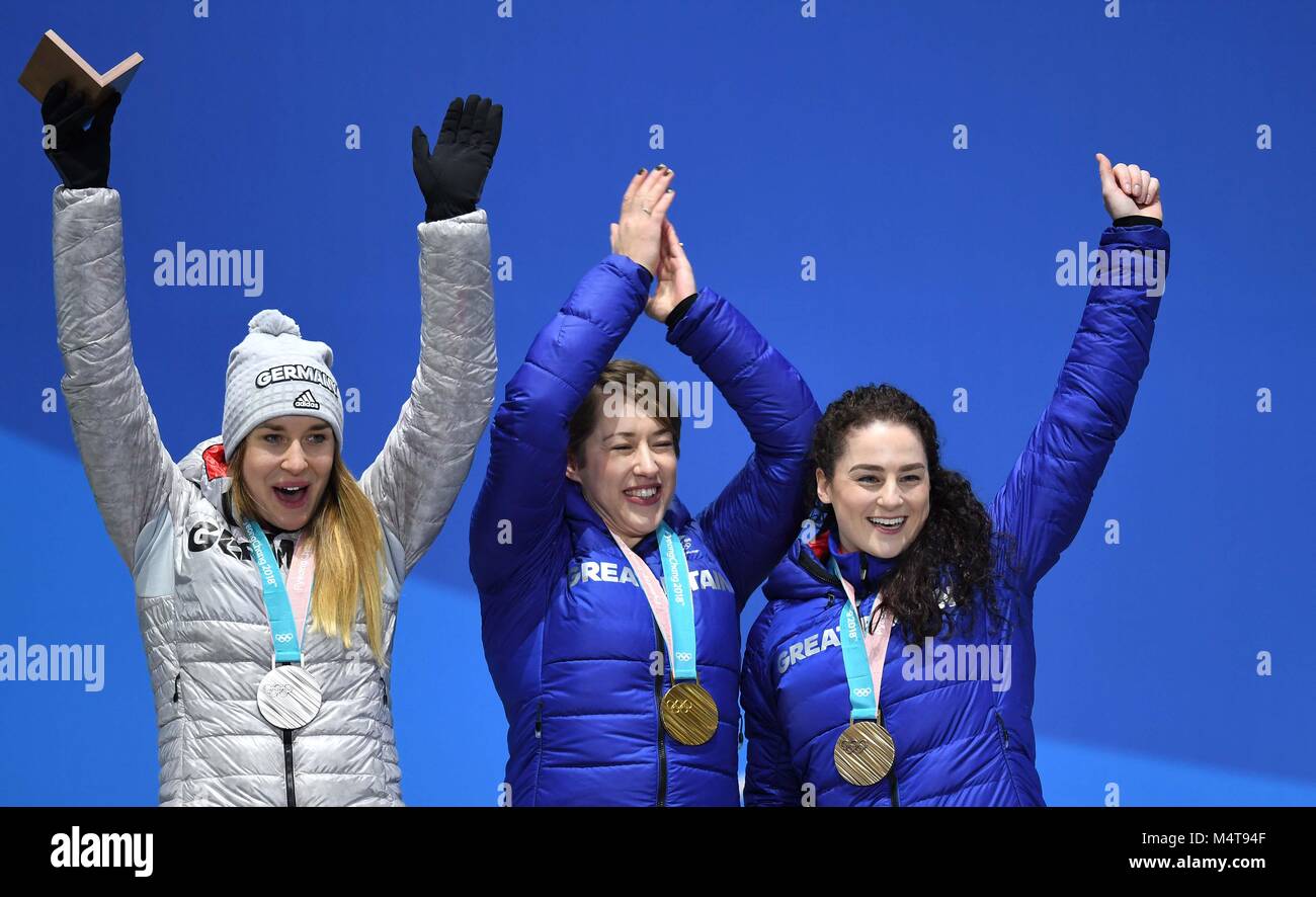 Womens skeleton. (l to r) Jacqueline Loelling (GER, silver), Lizzy Yarnold (GBR, gold) and Laura Deas (GBR, bronze). Medal ceremonies. Pyeongchang Olympic Plaza. Pyeongchang2018 winter Olympics. Alpensia. Republic of Korea. 18/02/2018. Credit: Sport In Pictures/Alamy Live News Stock Photo