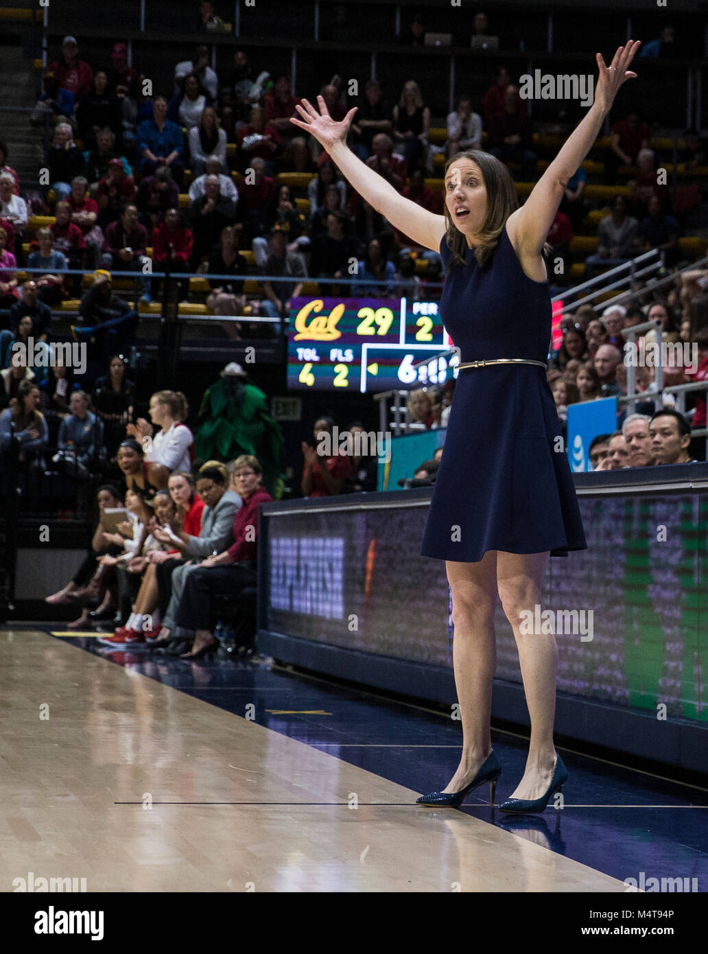 Berkeley, CA U.S. 17th Feb, 2018. A. California head coach Lindsay Gottlieb upset over a bad call by the referee during the NCAA Women's Basketball game between Stanford Cardinal and the California Golden Bears 78-66 win at Hass Pavilion Berkeley Calif. Thurman James/CSM/Alamy Live News Stock Photo