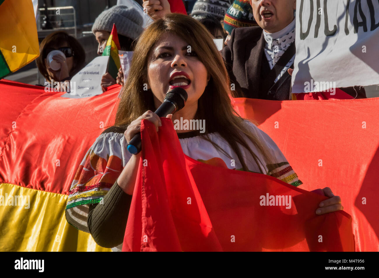 February 17, 2018 - London, UK. 17th February 2018. Bolivians protest in Trafalgar Square against President Evo Morales who won a Supreme Court appeal which will allow him to run for a fourth term in 2019 after a referendum on 21st February 2016 had voted down the constitutional change. The government argued it had lost because of an illegal defamatory campaign against Morales who is the country's first indigenous leader, in office since 2006, and says he needs more time in power in order to consolidate his party's programme of of social reforms. The protesters accuse him of wanting to be a d  Stock Photo