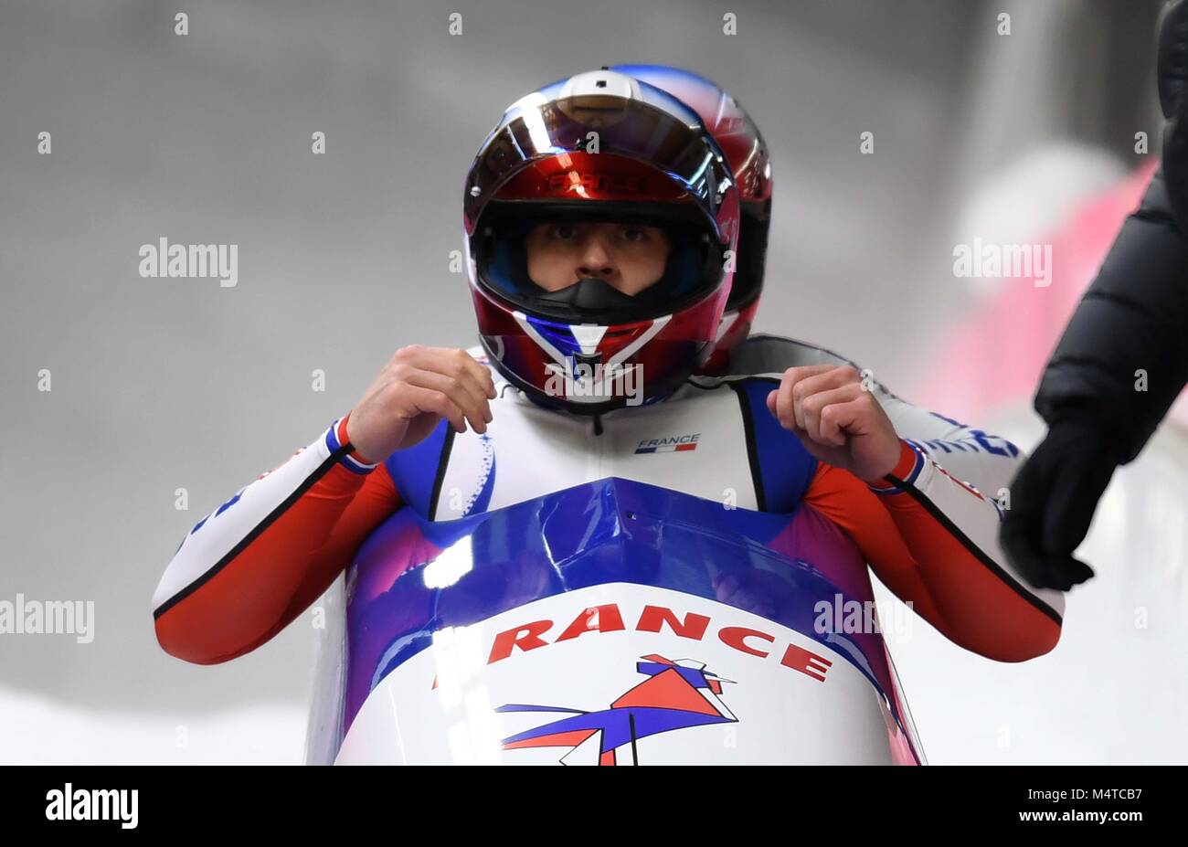 Romain Heinrich (FRA) and Dorian Hauterville (FRA). Mens 2-man bobsleigh. Olympic sliding centre. Alpensia. Pyeongchang2018 winter Olympics. Republic of Korea. 18/02/2018. Credit: Sport In Pictures/Alamy Live News Stock Photo