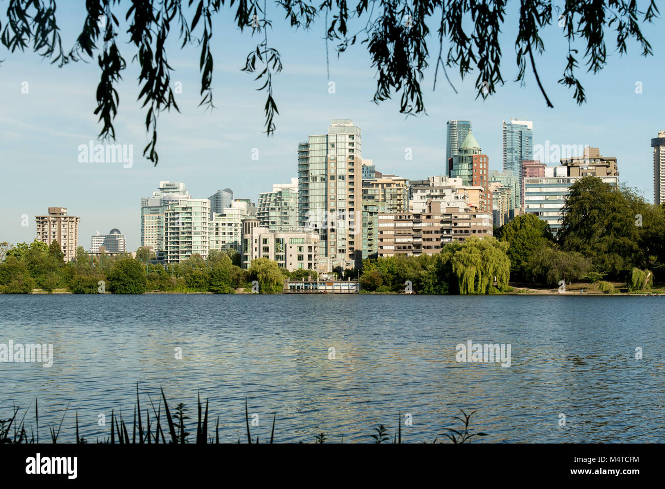 Vancouver, British Columbia, Canada.  Downtown West End as viewed from Lost Lagoon Lake in Stanley Park in the summer. Stock Photo
