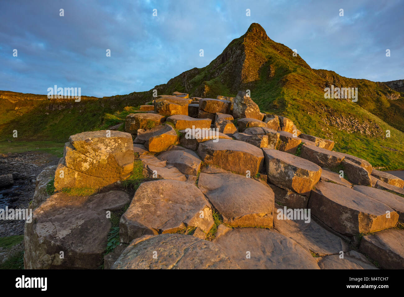 The hexagonal basalt columns of the Giant's Causeway, Country Antrim, Northern Ireland. Stock Photo