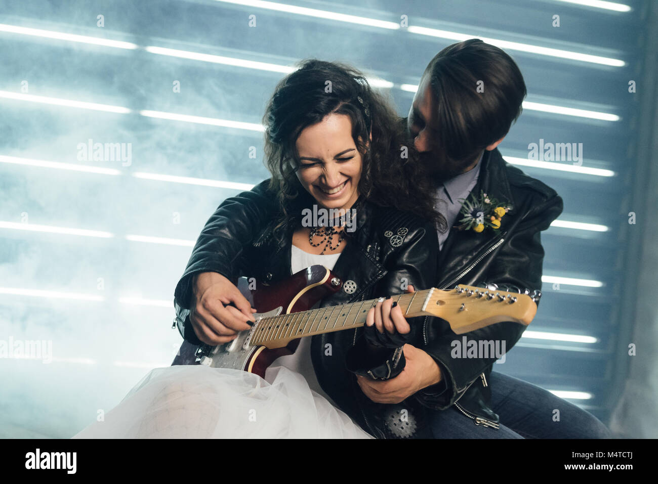 Wedding in the style of rock. Rocker or Biker wedding. Guys with ...