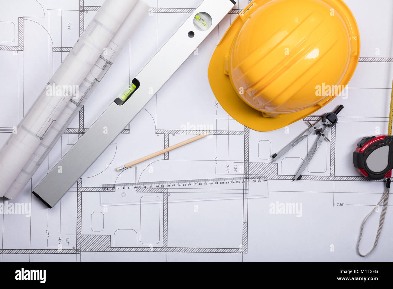 High Angle View Of A Construction Plan Stock Photo