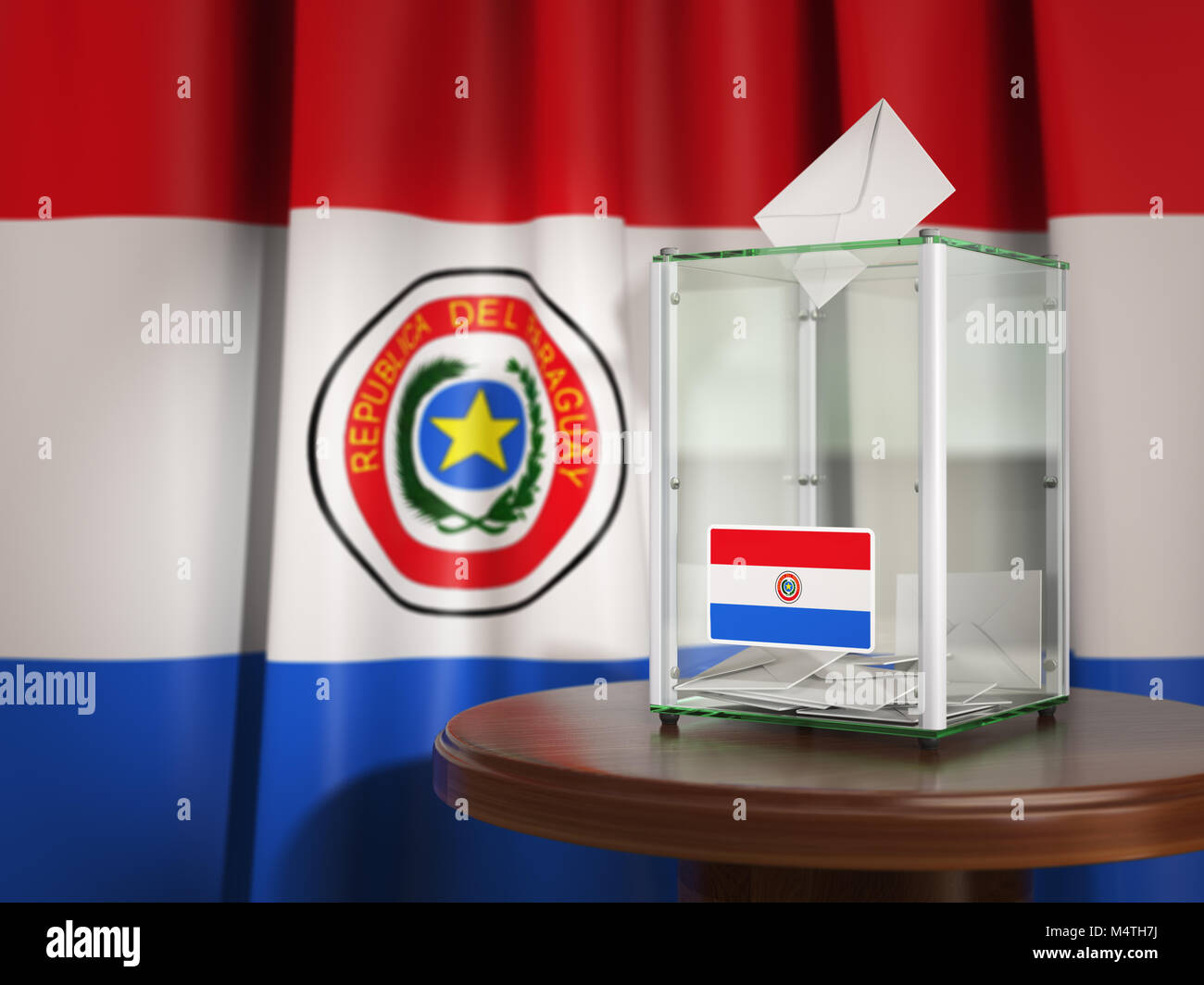 Ballot box with flag of Paraguay and voting papers. Paraguayan presidential or parliamentary election. 3d illustration Stock Photo