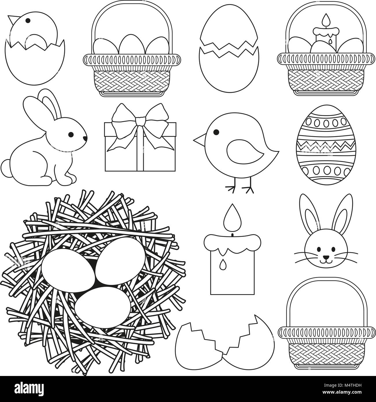 Line art black and white easter icon set 13 elements. Stock Vector