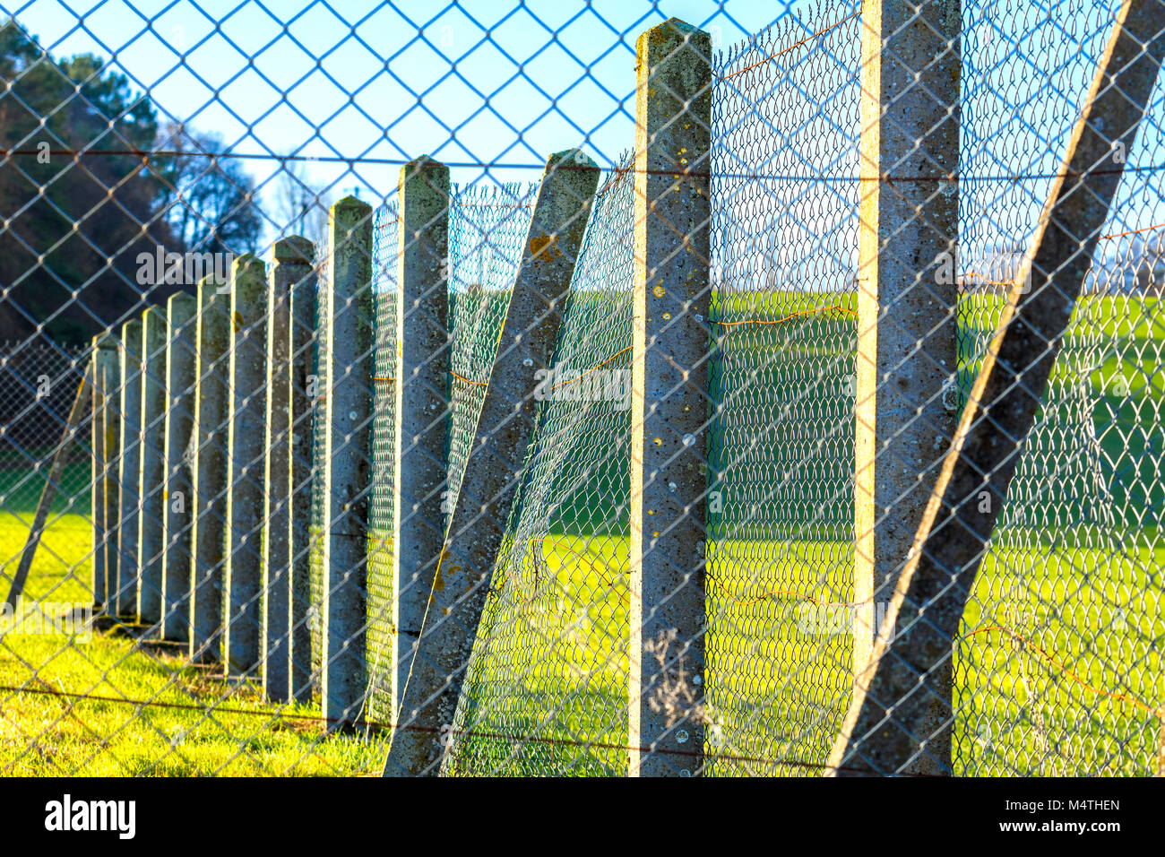 Wire netting on concrete posts. Stock Photo