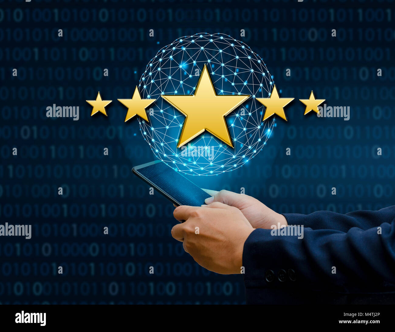 Businessmen pointing five star stars to boost corporate ratings Phone Holder Earth Global network Stock Photo