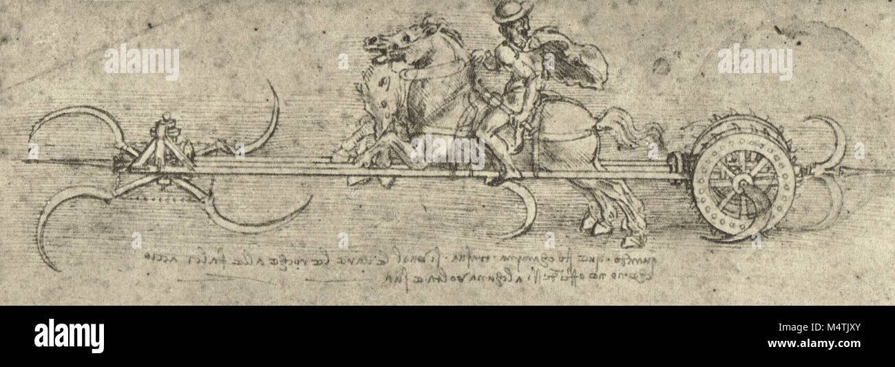 Chariot armed with scythes, drawn by Leonardo Da Vinci, circa 1485-88 Stock Photo