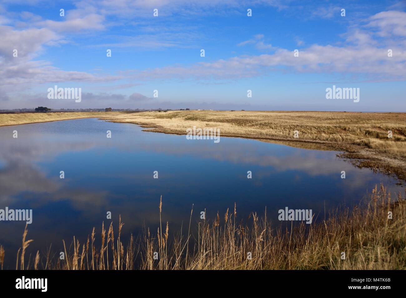 Golden banks around a reflecting lagoon by the North Sea at Bawdsey, Suffolk. Stock Photo