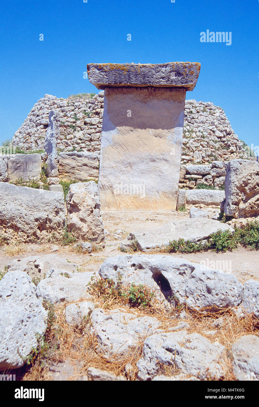 Taula and talayot. Trepuco archaeological site, Mahon, Menorca island, Balearic Islands, Spain. Stock Photo