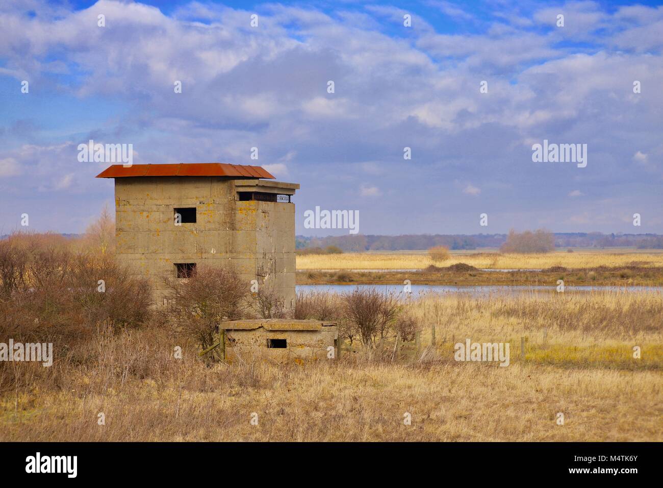 Historic WW2 gun placement / lookout tower at East Lane, Bawdsey, Suffolk. Stock Photo