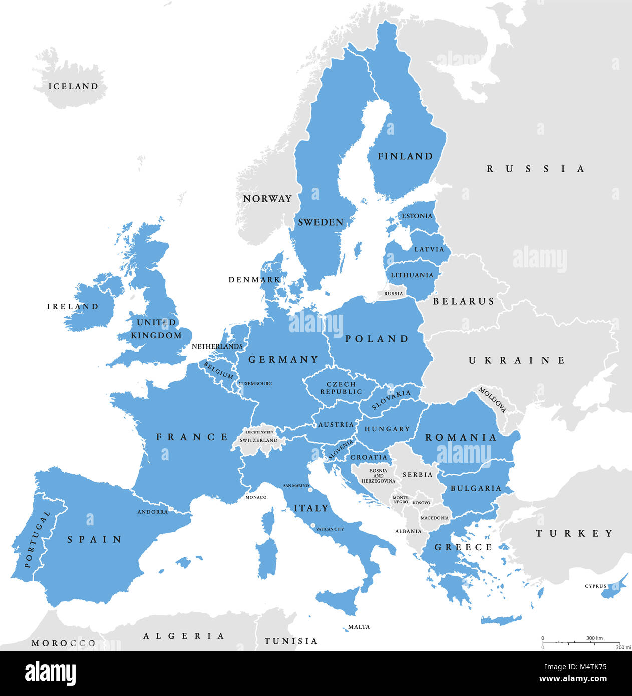 European Union countries. English labeling. Political map with borders and country names. 28 EU members, colored in light blue. Stock Photo