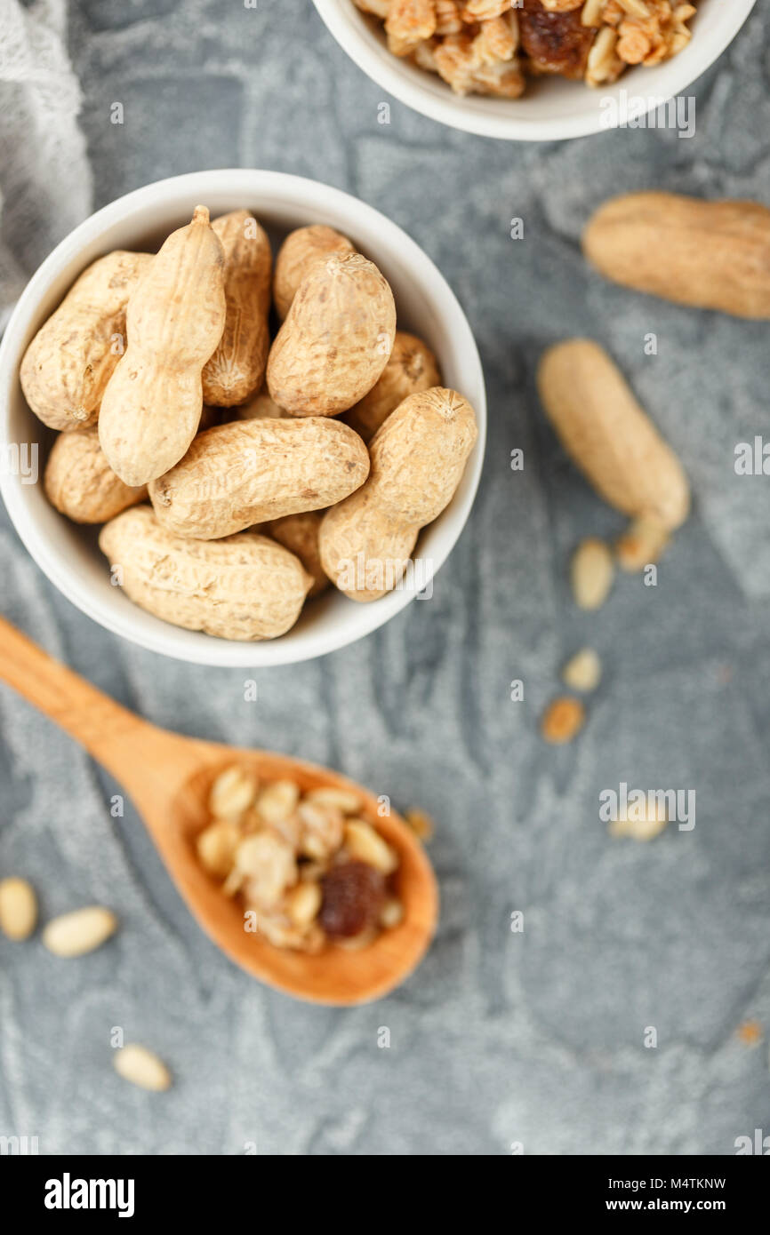 Set of different types of nuts peanuts in shells, pine nuts and