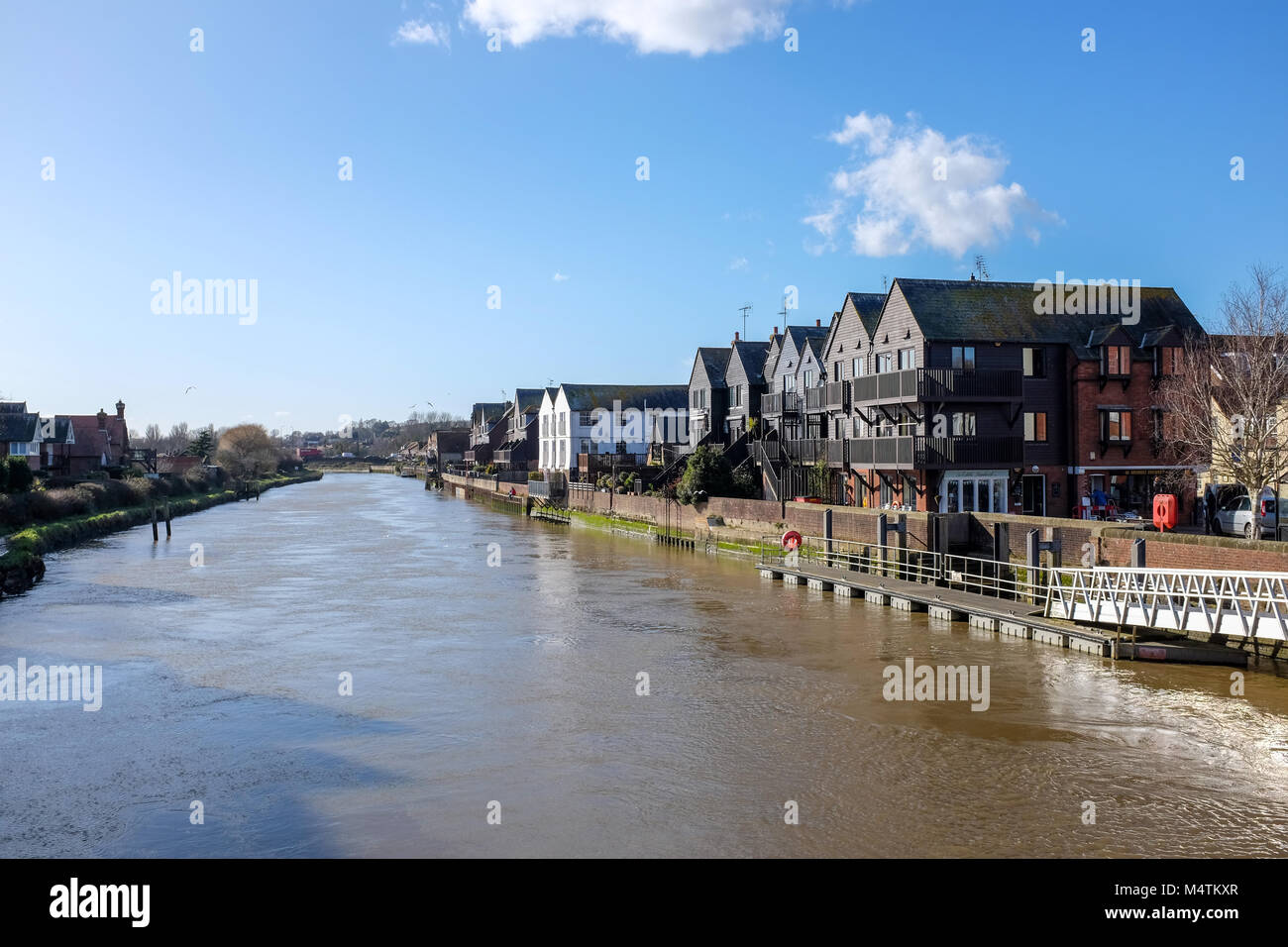 Arundel West Sussex UK February 2018 - Houses and flats overlooking the River Arun at High tide where there has been problems with flooding Stock Photo