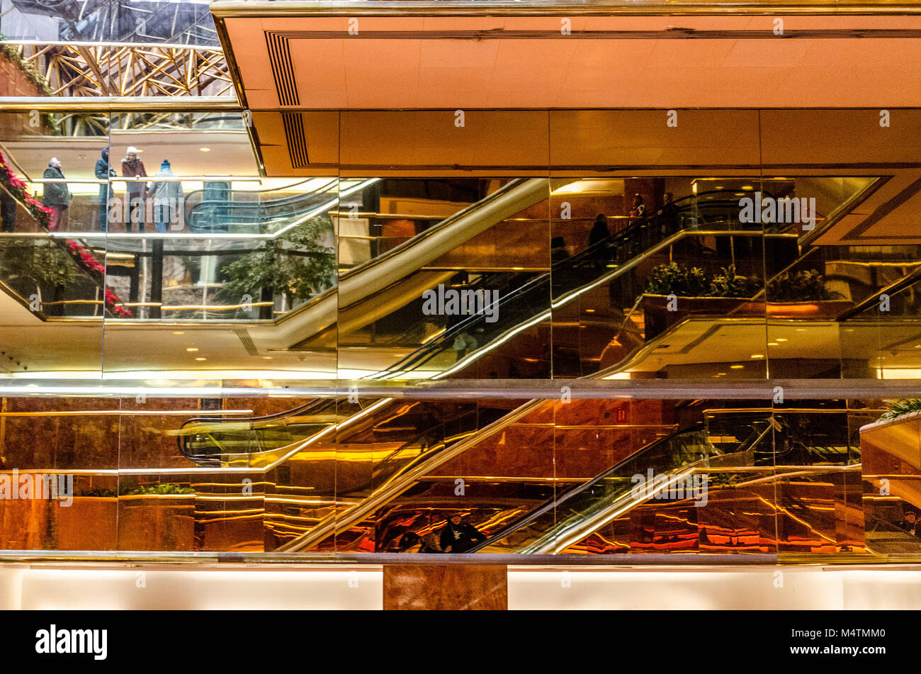 Trump Tower New York escalators, reflection in glass, abstract Stock Photo