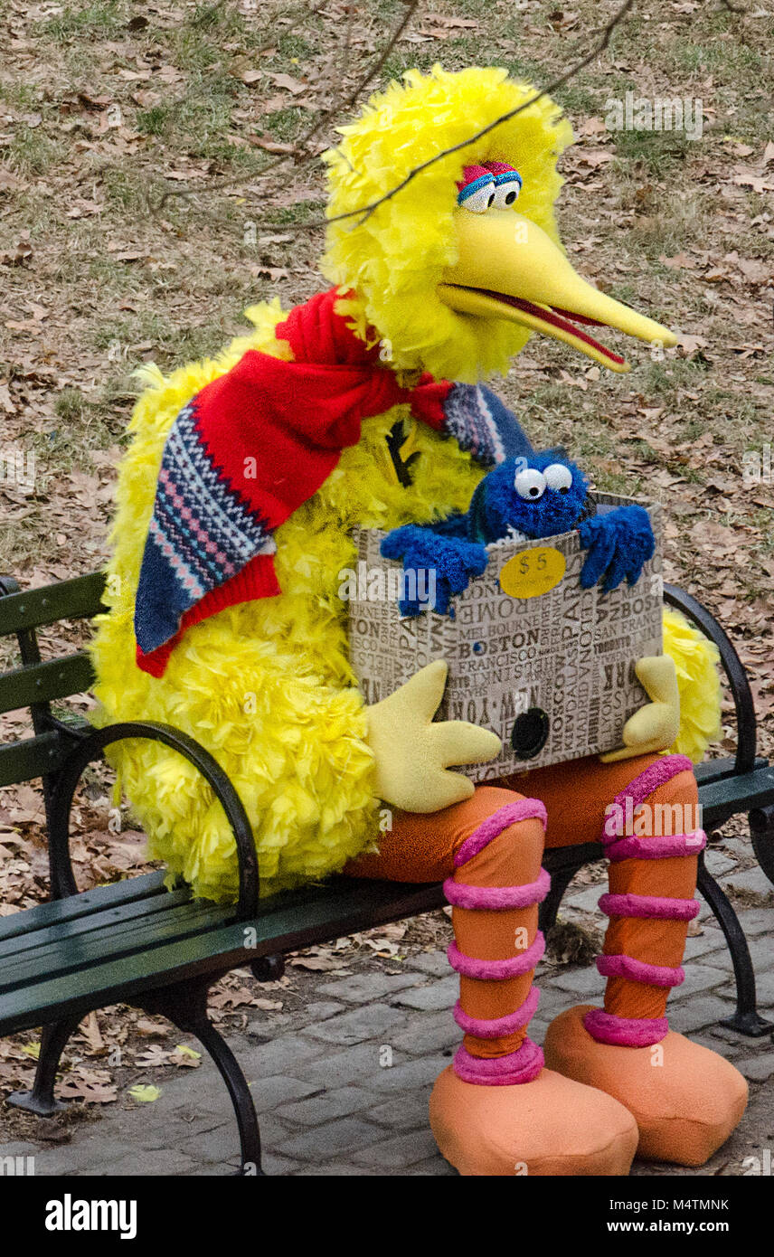 Big Bird character on bench, Central Park. New York Stock Photo