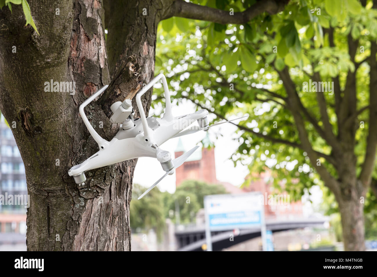 Close-up Of Flying White Drone Crashing On Tree Trunk Stock Photo