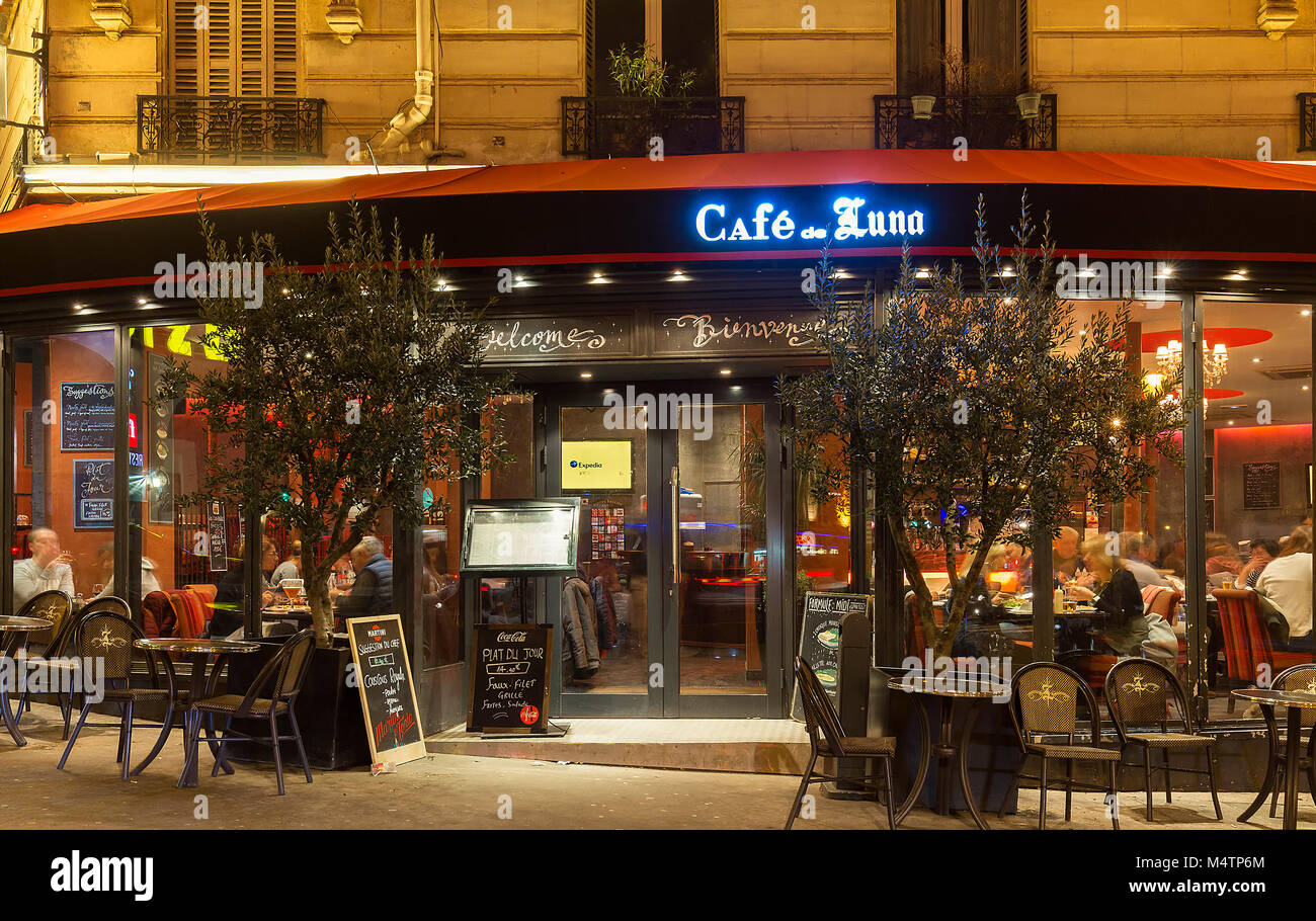 Paris, France, February 17, 2018: The Cafe de Luna is a traditional French cafe in the Montmartre district, Paris, France. Stock Photo