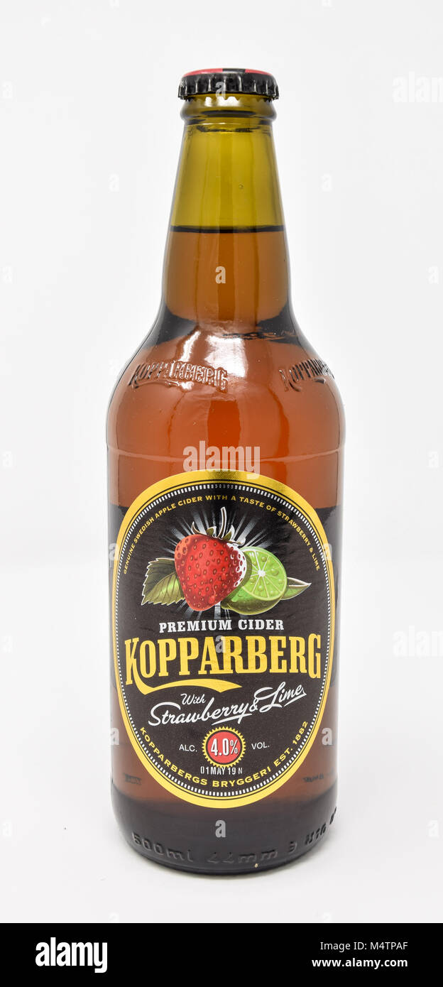 Reading, United Kingdom - January 13 2018:   A bottle of Strawberry and Lime fruit cider by Kopparberg Stock Photo