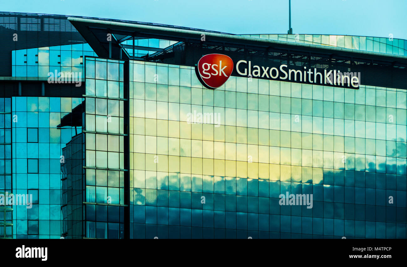 GlaxoSmithKline, global pharmaceuticals company, closeup of the tall office block at Brentford, near London. Taken from the M4 motorway, England, UK. Stock Photo