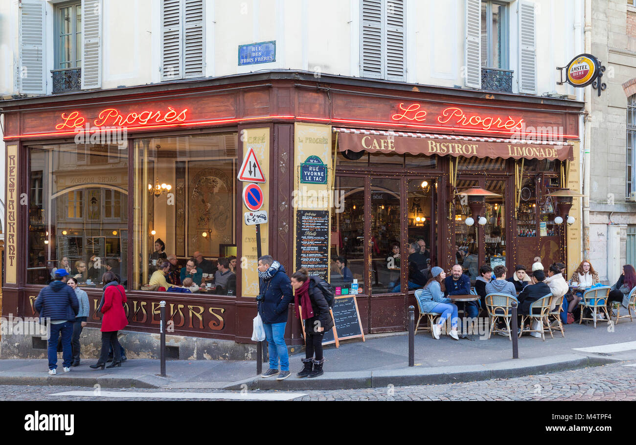 The Cafe Le Progres is a cafe in the Montmartre, Paris, France. Stock Photo