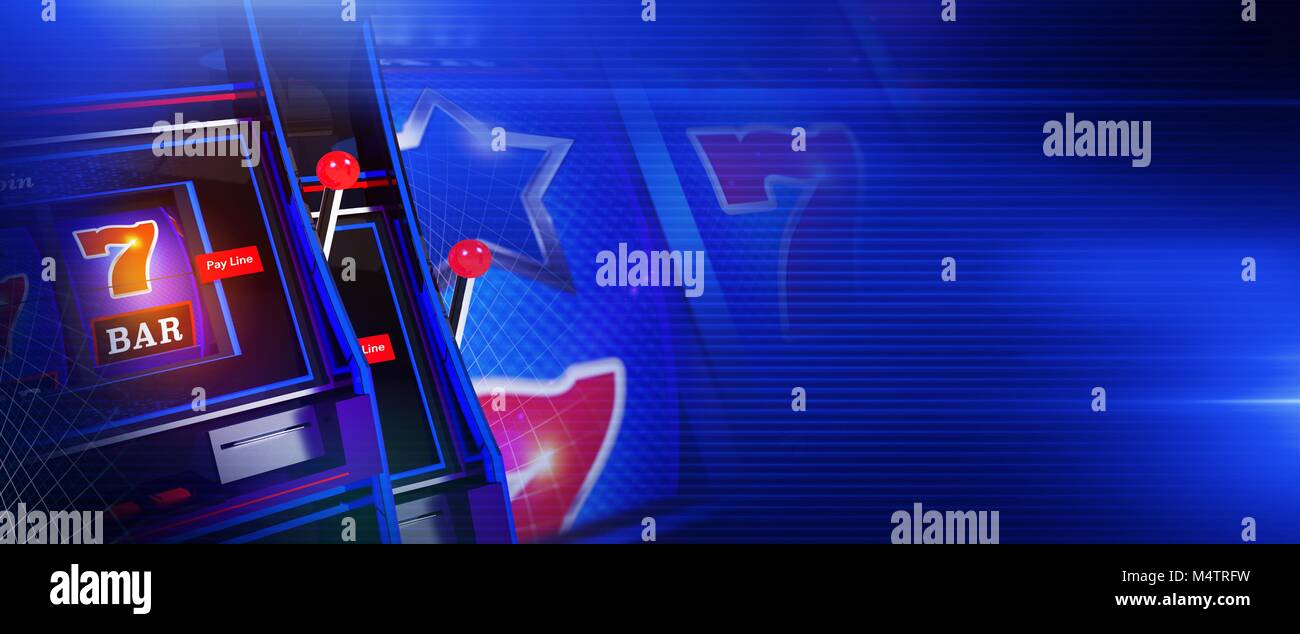 Blue Slot Casino Games Banner. 3D Rendered Illustration with Right Side Copy Space. Gambling Background. Stock Photo
