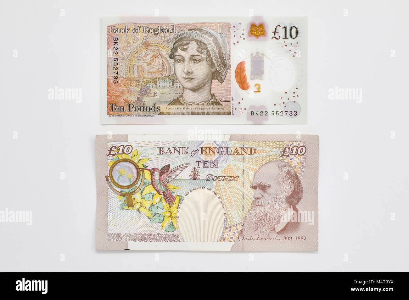 New ten pound banknote featuring Jane Austen and the old ten pound banknote featuring Charles Darwin on the reverse Stock Photo