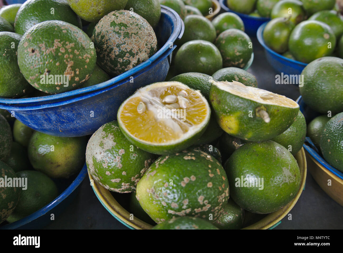 Lime on fruit bank at a farmers market stall. Stock Photo