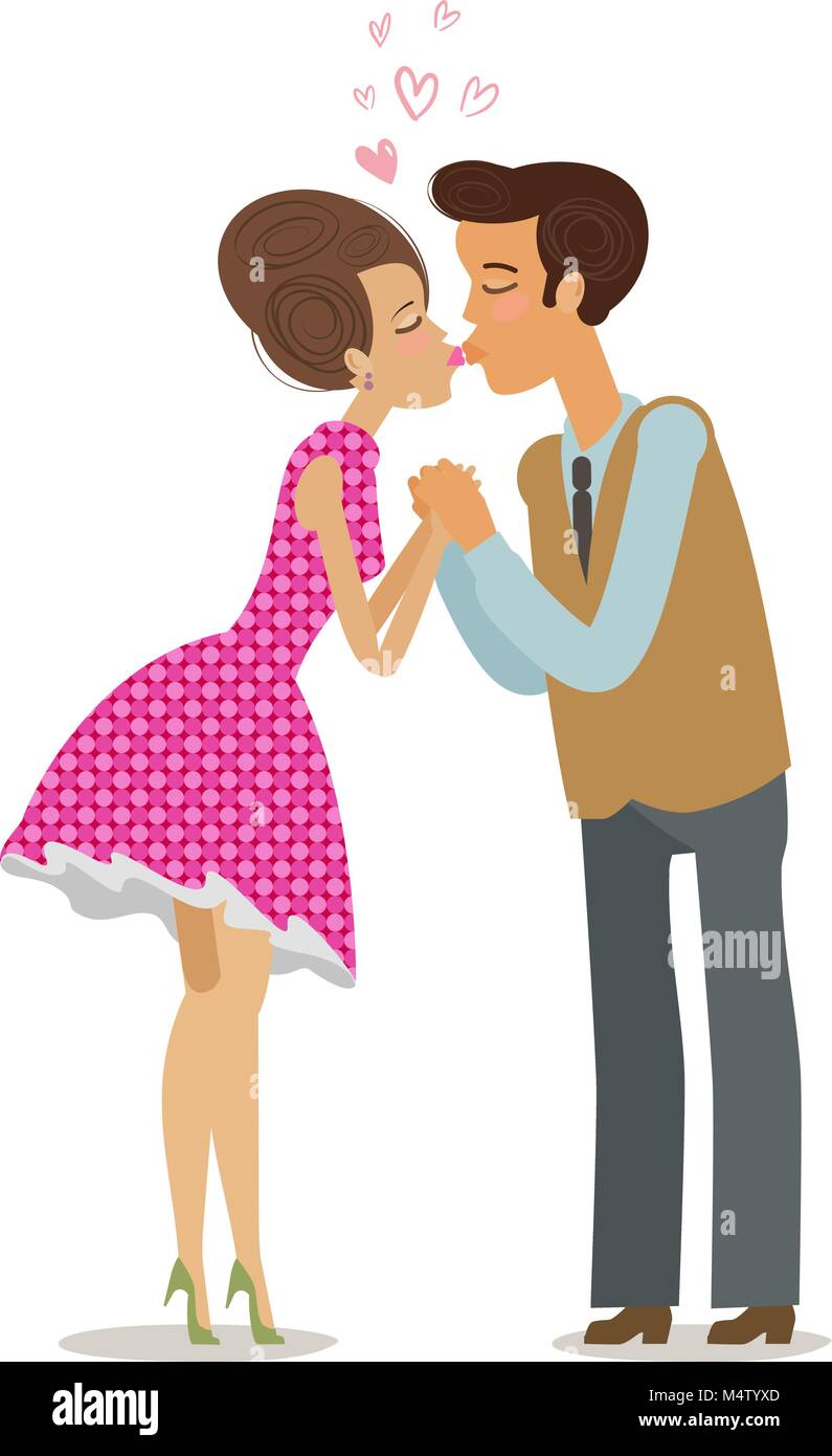 Couple in love kissing tenderly on lips. Romantic date, kiss concept. Cartoon vector illustration Stock Vector