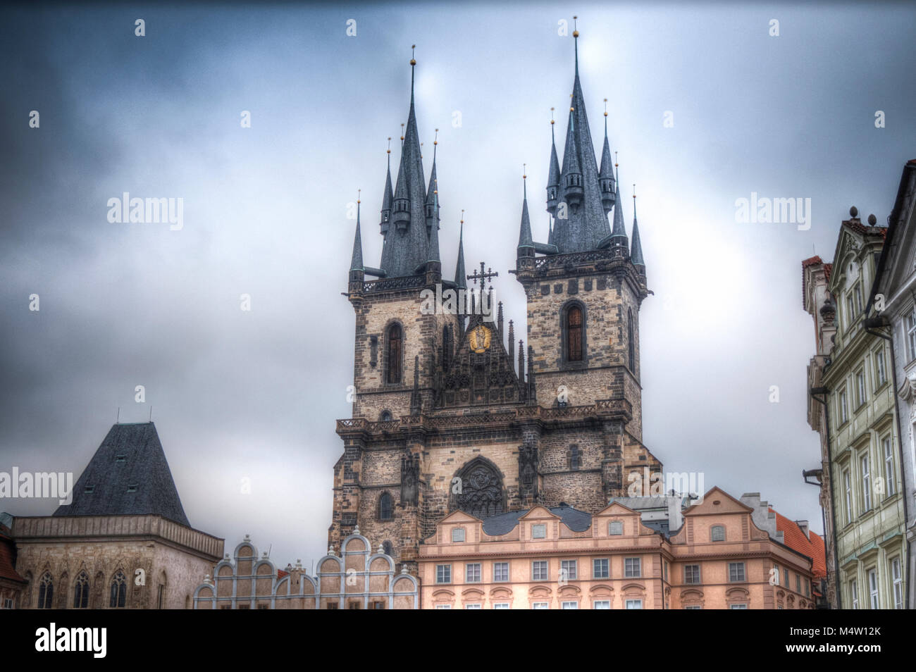 Prague Old town square, Tyn Cathedral. under sunlight. Stock Photo