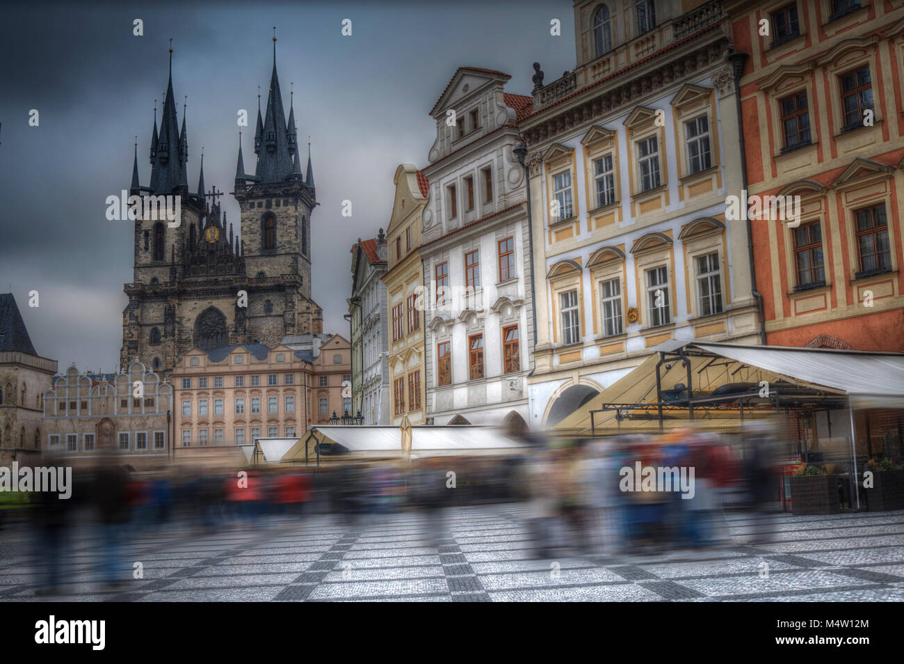 Prague Old town square, Tyn Cathedral. under sunlight. Stock Photo