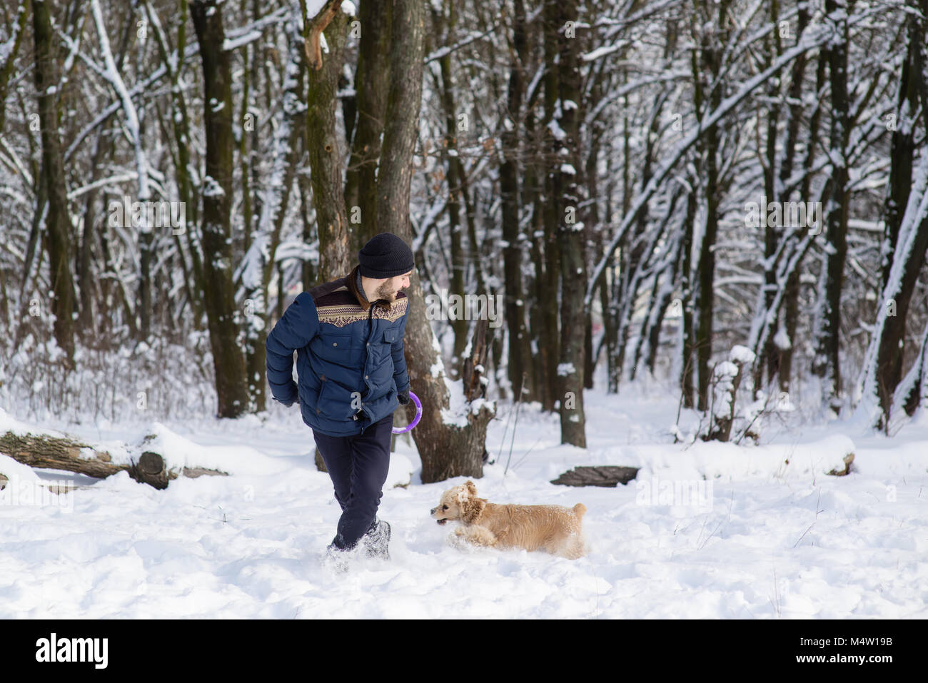 Man play with dog in snow forest Stock Photo - Alamy