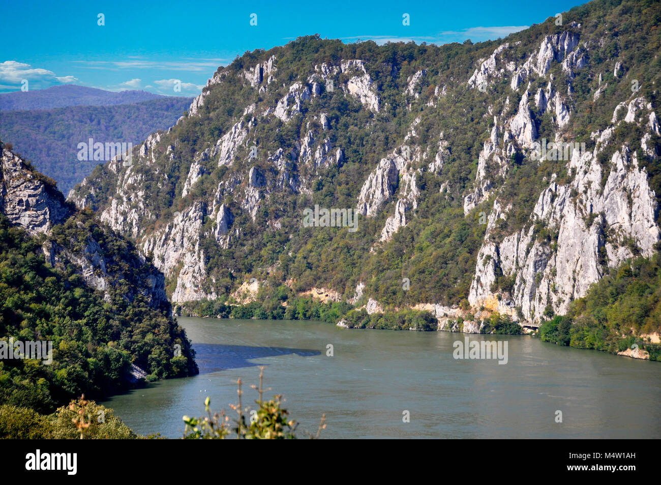 Danube river near the Serbian city of Donji Milanovac Stock Photo