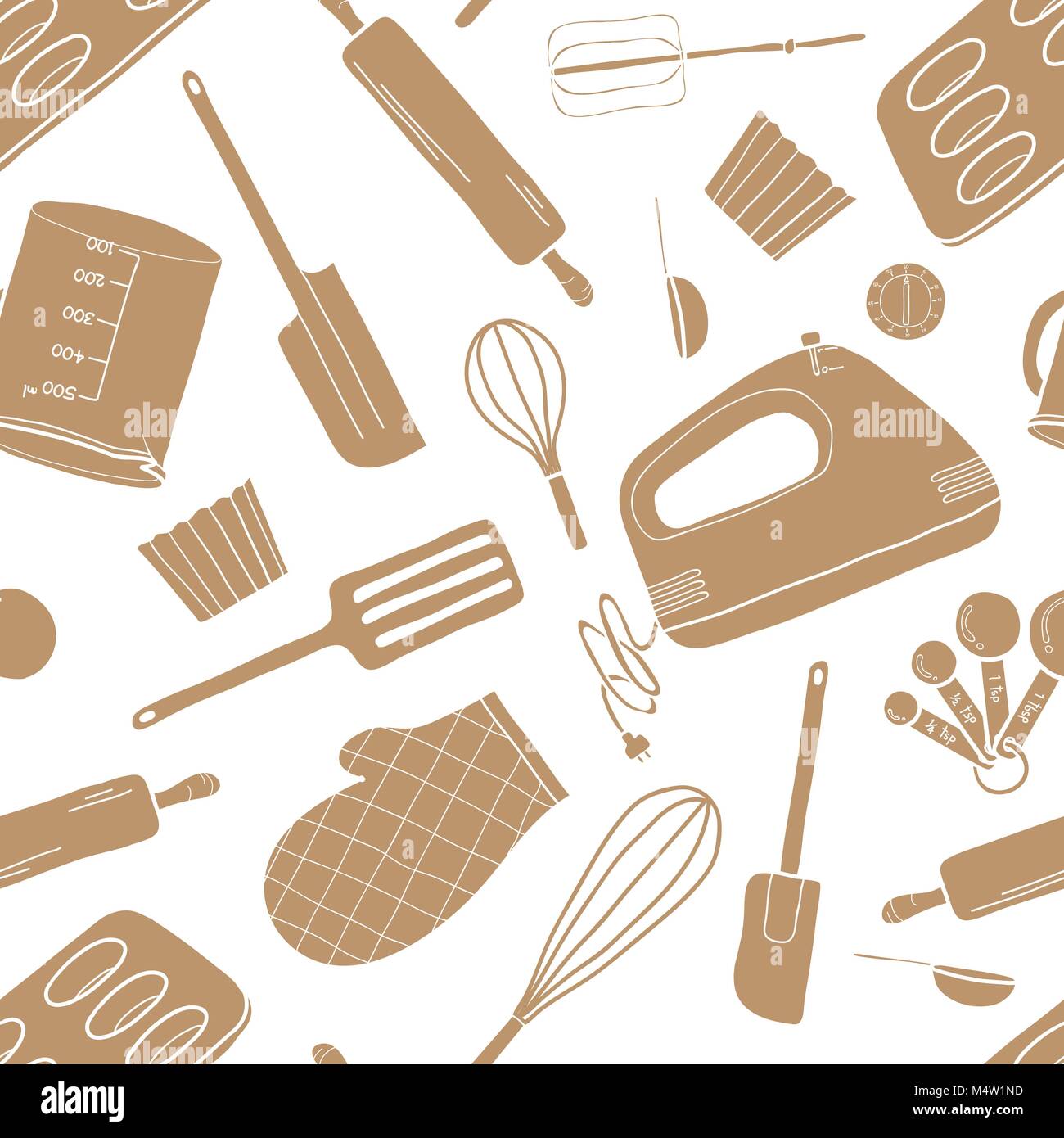 Seamless pattern of baking tools in brown silhouette random on white background. Cute vector illustration of cooking stuff in hand drawn style for bac Stock Vector