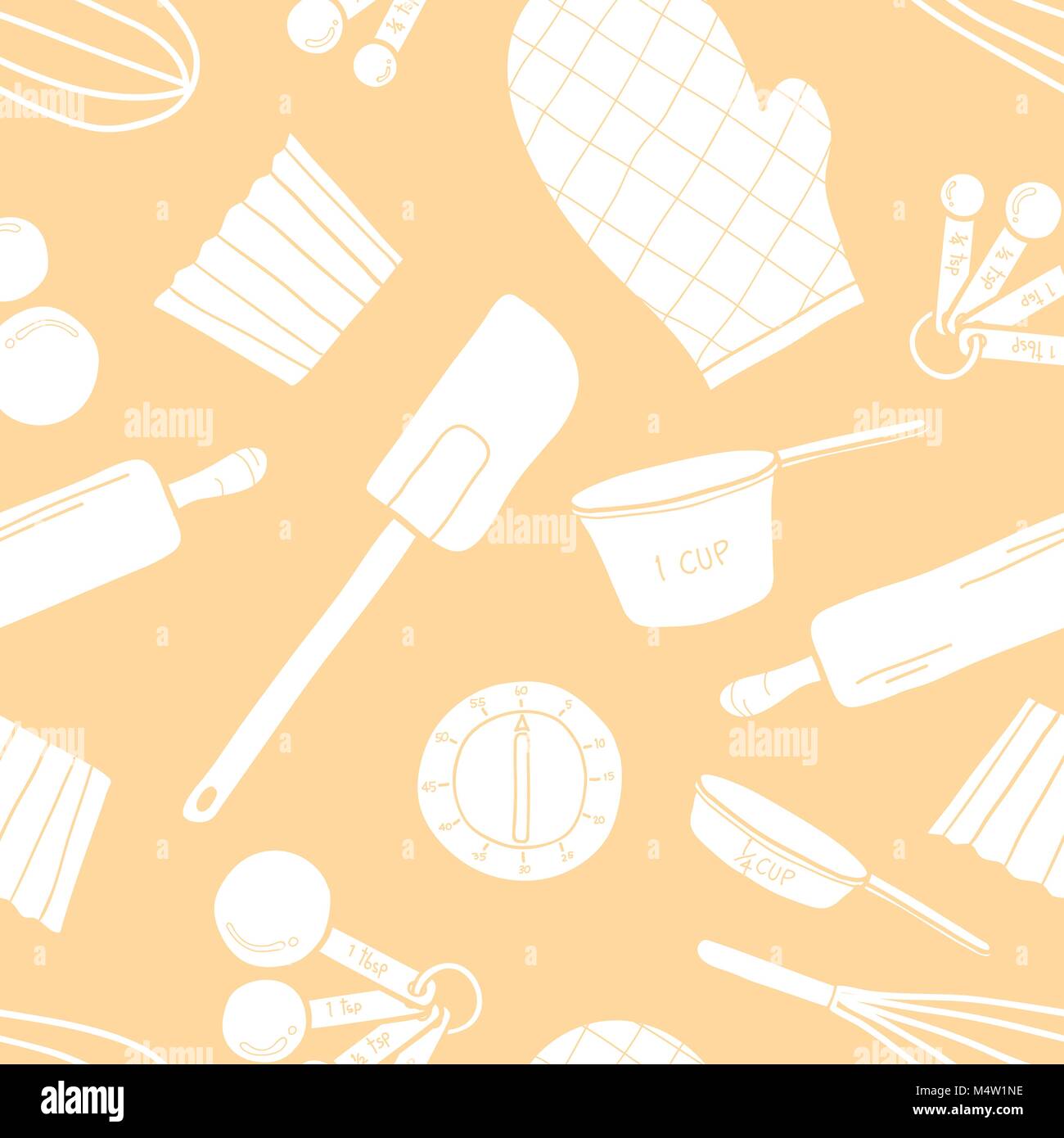 Seamless pattern of baking tools in white silhouette random on pastel pink background. Cute vector illustration of cooking stuff in hand drawn style f Stock Vector